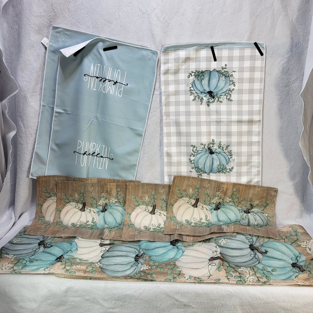 Pumpkin Kitchen Placemats Towel Set Table Runner Blue White Farmhouse Fall Decor